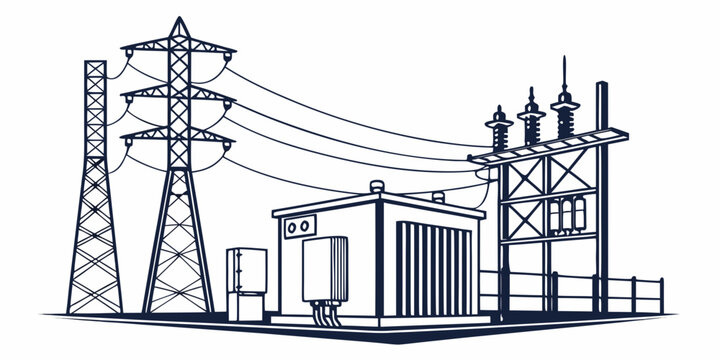 Electrical power substation illustration with high voltage transmission towers electricity substation transmission infrastructure industrial transformer electrical industry