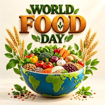 Bowl of fresh vegetables and grains shaped as a world map for world food day with wellness