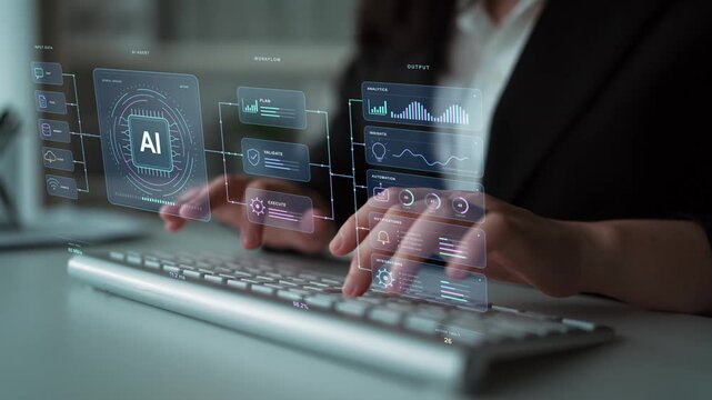 A person types on a keyboard. Planning and validation guide an AI execution process, with analytics, notifications and integrations providing several routes for useful outputs.