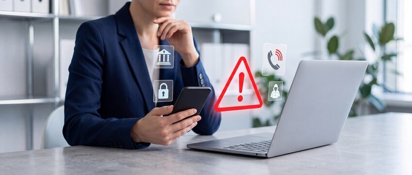 Concerned professional businesswoman receiving a digital security warning alert on her smartphone with floating icons of a bank, lock, and hacker symbolizing mobile banking fraud and cybercrime