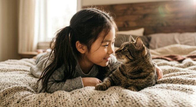 A heartwarming and tender moment of a happy young Asian girl lying on a cozy bed, looking affectionately into the eyes of her beloved tabby cat at home during a sunny morning in a bright bedroom.