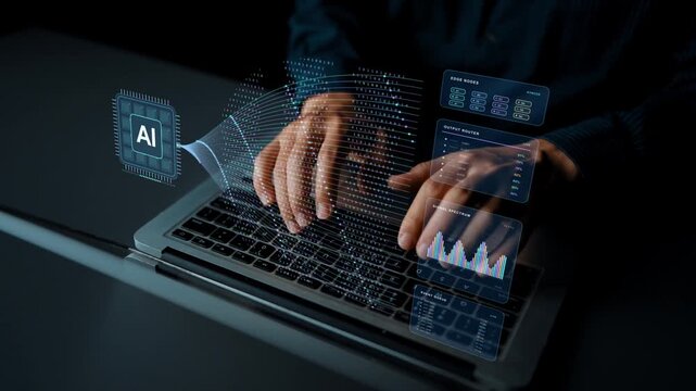 AI specialist works on a laptop. An AI processor distributes information through connected data channels, linking binary streams with edge nodes and measurements of network activity.