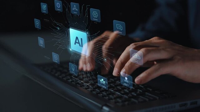 An AI chip links multiple intelligence functions, from reasoning and contextual memory to collaboration, illustrating connections across a shared computing network.