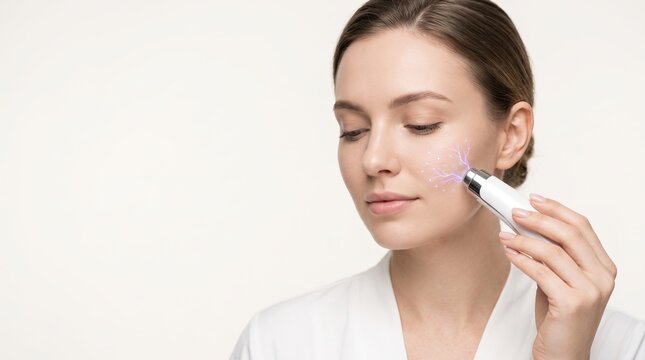 Woman using high frequency plasma wand device on cheek for facial skin care