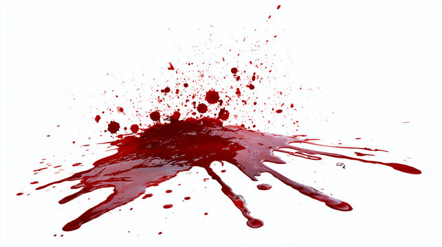 Bright red blood splatters creating messy puddle drops on white isolation studio floor background