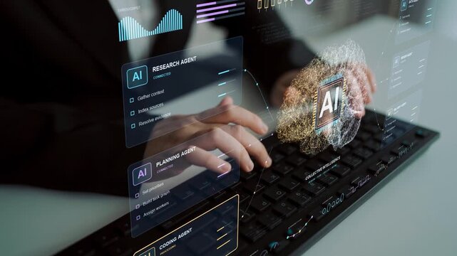 A person types on a keyboard. Collective AI work links research findings, implementation steps and quality checks, using coordination to connect separate agents with final delivery.