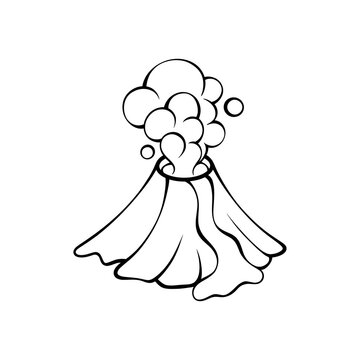 Minimal black white outline erupting volcano line art icon with smoke lava flow vector illustration simple natural disaster design sketch