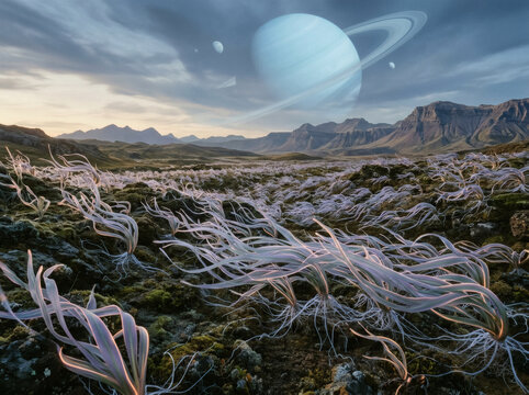Remote Exoplanet Surface Filled with Graceful Windborne Plant Organisms