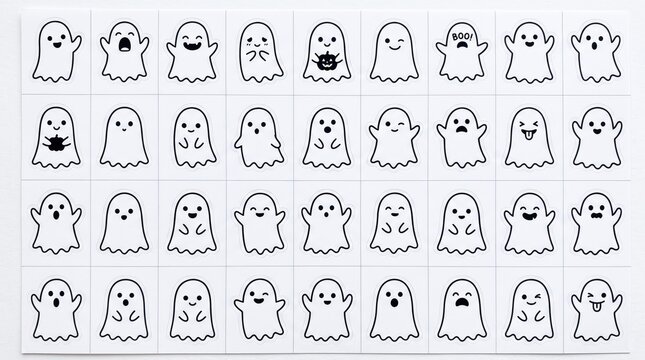 Cute little ghosts with various funny facial expressions printed on a white sticker sheet