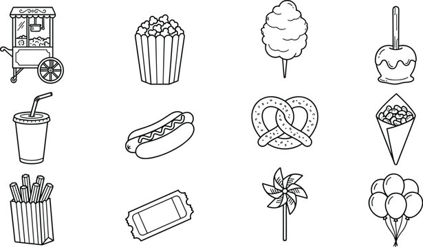 Carnival food and amusement park festival snacks vector icon set featuring popcorn hotdog pretzel and churros