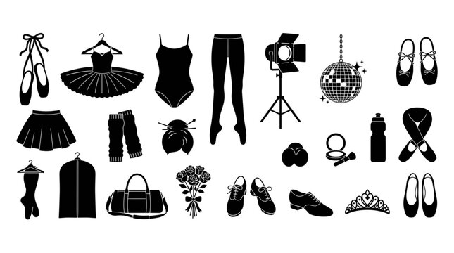 Ballet dance accessories vector icon set with tutu leotard pointe shoes and dancer essentials