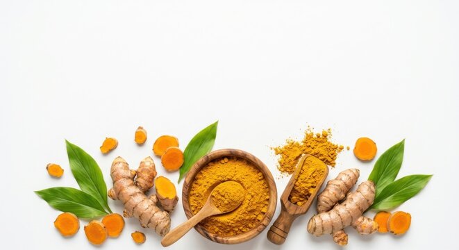 Top view of turmeric roots, powder in wooden bowl, slices, and green leaves on white background. Concept of healthy spices, organic seasoning, and natural herbal medicine for wellness.