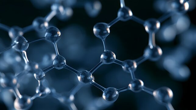 A close up view of interconnected molecular spheres forming a hexagonal lattice structure with reflective surfaces against a dark background
