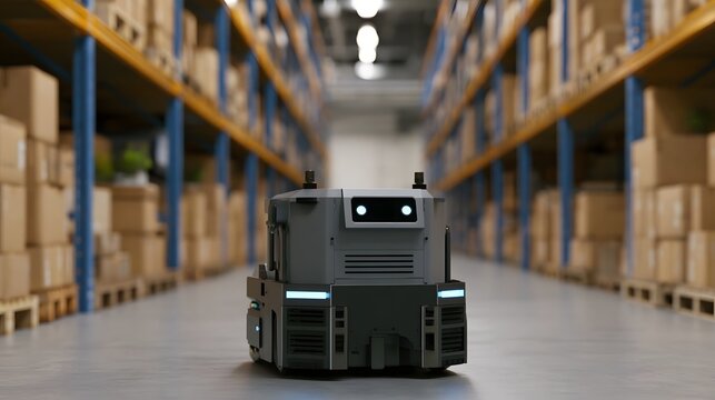 A futuristic warehouse robot navigates an aisle between tall shelves ed with cardboard boxes under bright overhead lighting