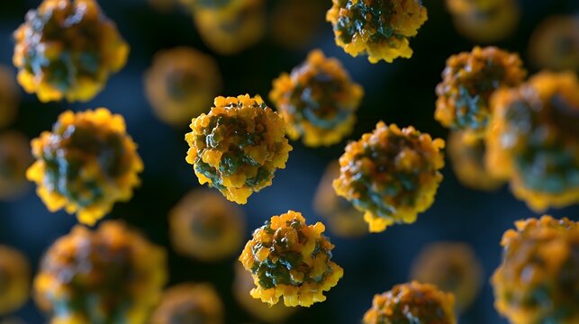 Microscopic view of spherical biological entities with textured surface and vibrant colo n against dark background