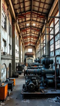 Abandoned factory buildings with crumbling walls and rusty machinery, abandoned, cityscapes