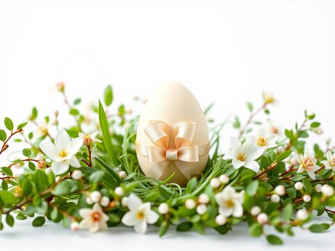 Delicate Easter egg and bow design amidst lush greenery and twinkling stars on a soft white background, light, delicate