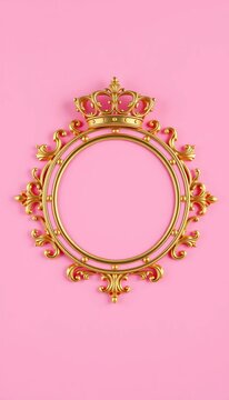 Elegant ornate badge with gold crown on soft pink background, gold, simplicity