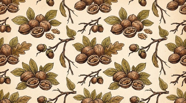 Vintage Hand Drawn Walnut Seamless Pattern with Shelled Nuts Branches and Green Leaves on Textured Beige Background