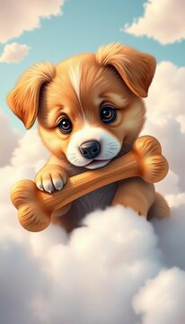Adorable puppy playing with a bone clipart, surrounded by fluffy clouds, lively, silly