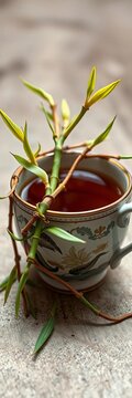 Delicate bamboo shoots entwined around a vintage-style tea cup, ||bamboo, mid autumn festival