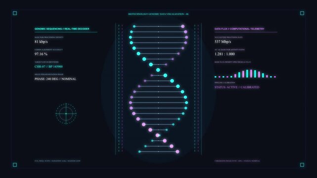 Futuristic dna strand loop animation with glowing hud interface elements