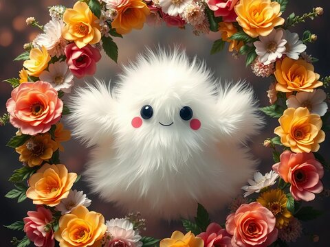 Fluffy ghostly figure surrounded by floral wreath, flowers, whimsical