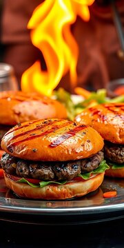 Freshly grilled burgers sizzle on the platter, warm, grill