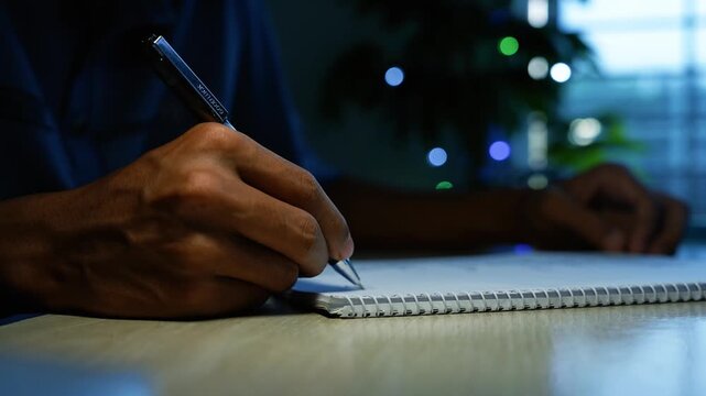 Writing notes beside holiday lights, Close-up of a person writing in a spiral notebook at a desk beside soft, colorful holiday lights in a dark room.