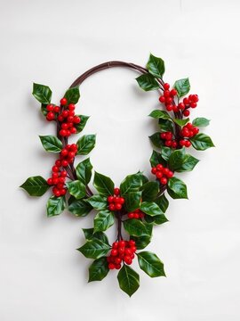 Merry Christmas wreath with festive holly leaves and bright red berries on white paper background, green, red