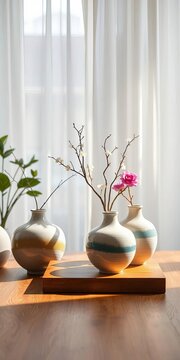 Elegant ceramic vases arranged on wooden table with soft natural light filtering through white curtains, vase arrangement, natural light