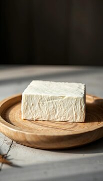 Fresh white tofu block sitting alone on a rustic plate surrounded by soft lighting, yunnan, plate