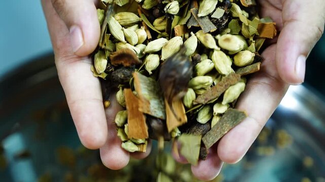 Hands holding a colorful blend of aromatic spices, Close-up of hands holding a colorful blend of green cardamom pods, cinnamon bark, cloves and dried botanicals above a bowl.