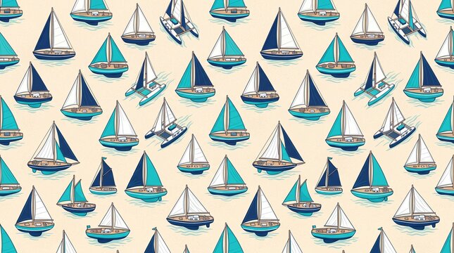 Seamless Nautical Pattern with Hand Drawn Sailboats and Catamarans for Summer Marine Background Design