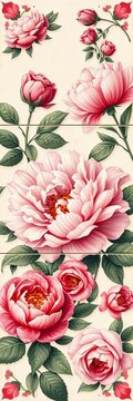 Vintage-inspired botanical tile design featuring peonies and roses, trees, pattern