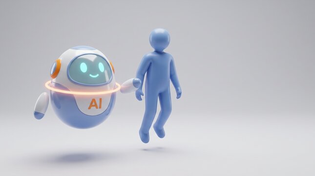 3d ai robot floating beside a simple blue human figure as a symbol of working together