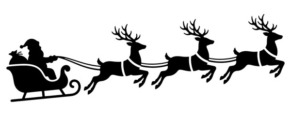 Santa claus in his sleigh pulled by flying reindeer silhouette with christmas sleigh holiday silhouette reindeer team christmas eve black icon © WASIF-MEHMOOD