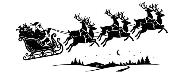Santa claus in his sleigh flying through a night sky with reindeer christmas sleigh holiday silhouette reindeer team christmas eve black icon © WASIF-MEHMOOD