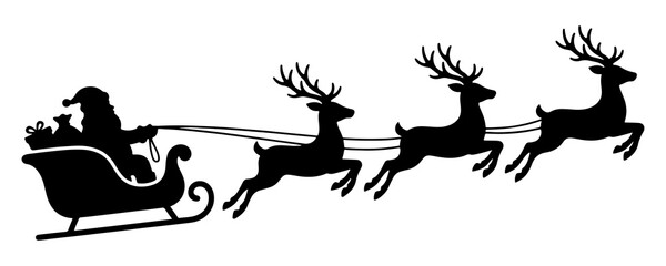 Santa claus in his sleigh being pulled by flying reindeer with christmas sleigh holiday silhouette reindeer team christmas eve seasonal decora © WASIF-MEHMOOD