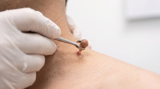 Dermatologist Using Sterile Curette Tool for Precise Neck Skin Tag Excision