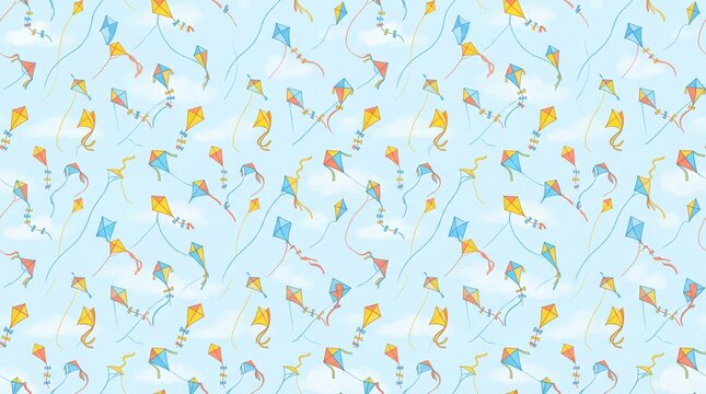Colorful flying kites seamless background pattern in a sunny blue sky with clouds for wrapping paper and textiles