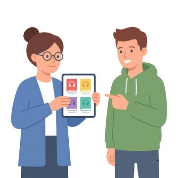 People using tablet for audiobooks e-learning