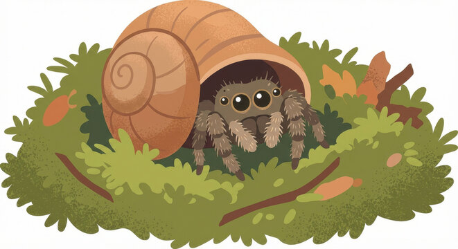 Cartoon snail shell and spider in green forest undergrowth