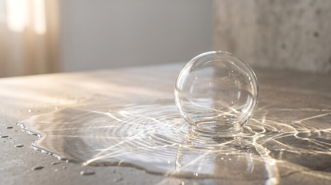 Clear glass sphere on water ripples with light reflections