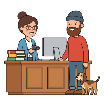 Librarian scanning books for a patron with a dog