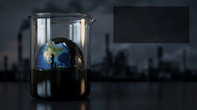 Symbolic depiction of global environmental pollution from industrial activity, urging NGO action to protect the environment