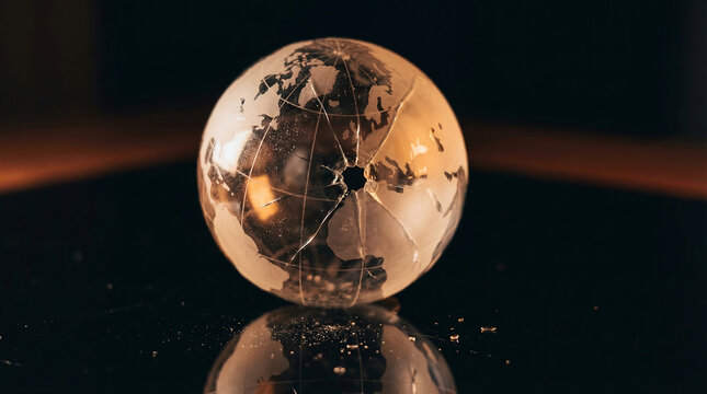 A close-up view of a damaged glass globe on a dark surface, symbolizing global fragility and the impact of geopolitics and war.