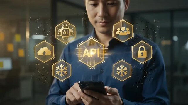 API integration software development concept shown via futuristic digital holographic interface video clip animation