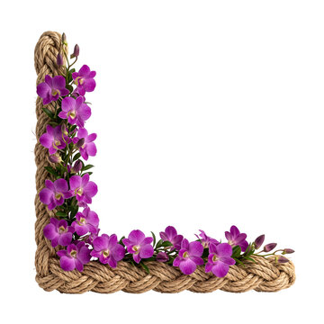 Letter L shaped frame of twisted rope with purple orchid floral decor