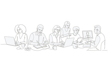 Fototapeta premium Continuous line drawing of a diverse business team working together in a modern office, collaborating on projects with laptops, tablets, and video conferencing